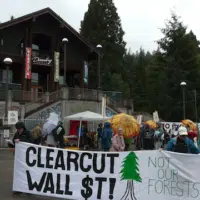 | Climate activists protesting forest biomass outside a conference at the World Forestry Center in Portland Oregon last month WNVNick Englefried | MR Online